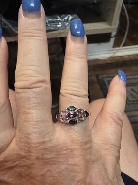 Tourmaline Multi- Colored Sterling Ring in Pink and Green Size 8